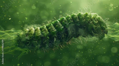  A tight shot of a green caterpillar perched on a lush plant, surrounded by drops of water in the background