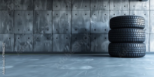 Black car tires stacked against a background of a gray slab wall, with copy space. Workshop and repair concept for banners, posters, and print