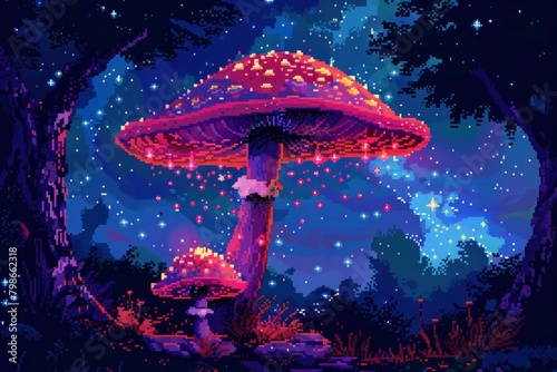 Enchanting Pixel Art of Neon-Lit Mushrooms in a Magical Forest Night
