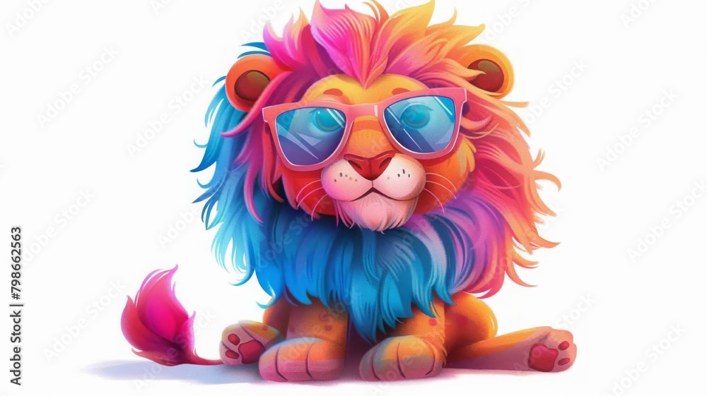 Fototapeta premium cartoon lion wearing colored glasses on a white background. selective focus ,Generative AI,