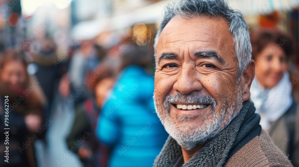 Smiling middle-aged man in casual attire with people crowd on background early morning