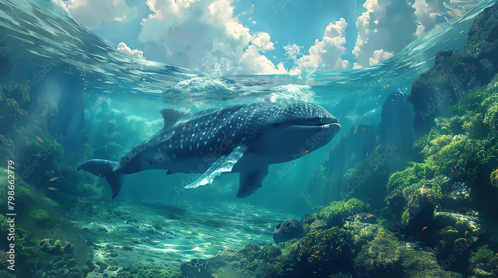 Fototapeta premium Craft a photorealistic depiction of underwater wonders from a unique worms-eye angle, infusing the scene with a touch of surrealism to create a captivating minimalist composition that mesmerizes the v
