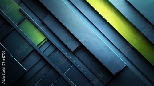 Futuristic slide layout with overlapping diagonal layers in metallic blue and cyber green, set against a glowing black background for hightech themes