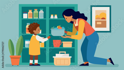 A parent and child working together to organize the pantry with the little one learning the value of keeping things tidy.