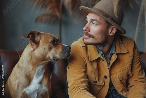 An effortlessly cool man showcases laidback style while playfully bonding with a canine companion, capturing a relaxed yet refined vibe in a professional studio photo