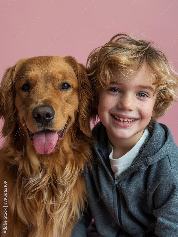 A young boy, his hair a mess of playful curls, beams next to a majestic golden retriever The dog sits patiently, tongue lolling out in a goofy grin The studio backdrop fades into a soft pink, adding a