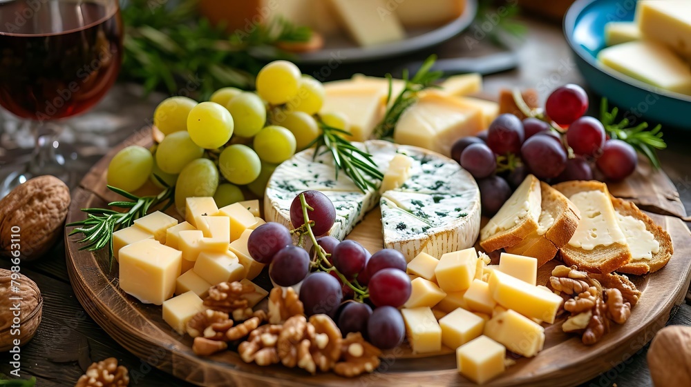 Cheese plate served with grapes, jam, figs, crackers and nuts on a wooden background Cheese plate served with grapes, jam, figs, crackers and nuts on a wooden background