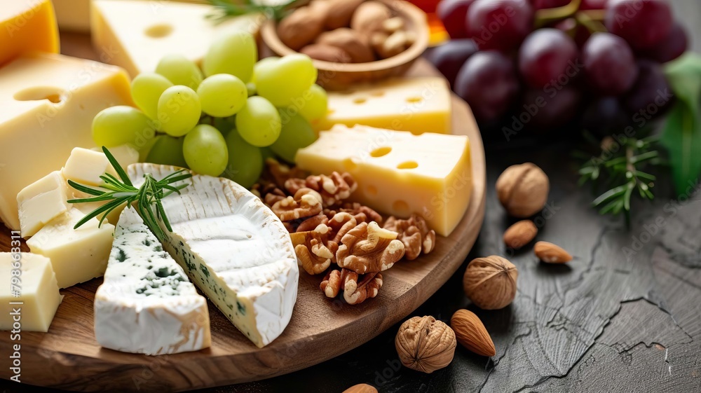 Cheese plate served with grapes, jam, figs, crackers and nuts on a wooden background Cheese plate served with grapes, jam, figs, crackers and nuts on a wooden background