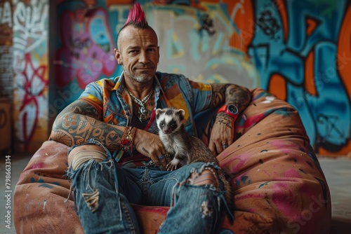 A man with a colorful mohawk and ripped jeans sits on a giant beanbag chair, a playful ferret wriggling in his lap The ferret, its long body a blur of movement, looks out curiously at the camera The s photo