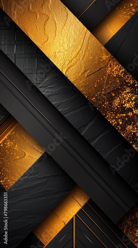 Chic template design with black and gold diagonal layers, sleekly overlapping on a backlit golden glow background, perfect for luxury brand presentations