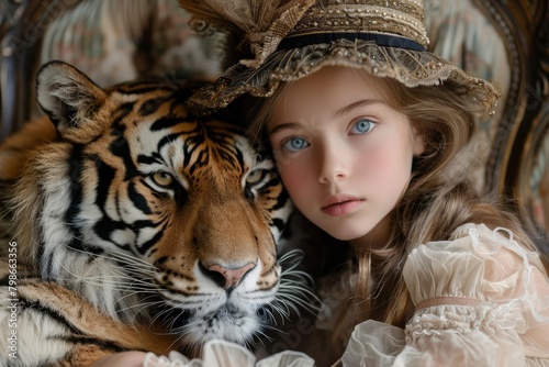 A freshfaced ingenue radiates youthful sophistication, whimsically posing with a regal tiger in a chic yet ethereal studio portrait session photo