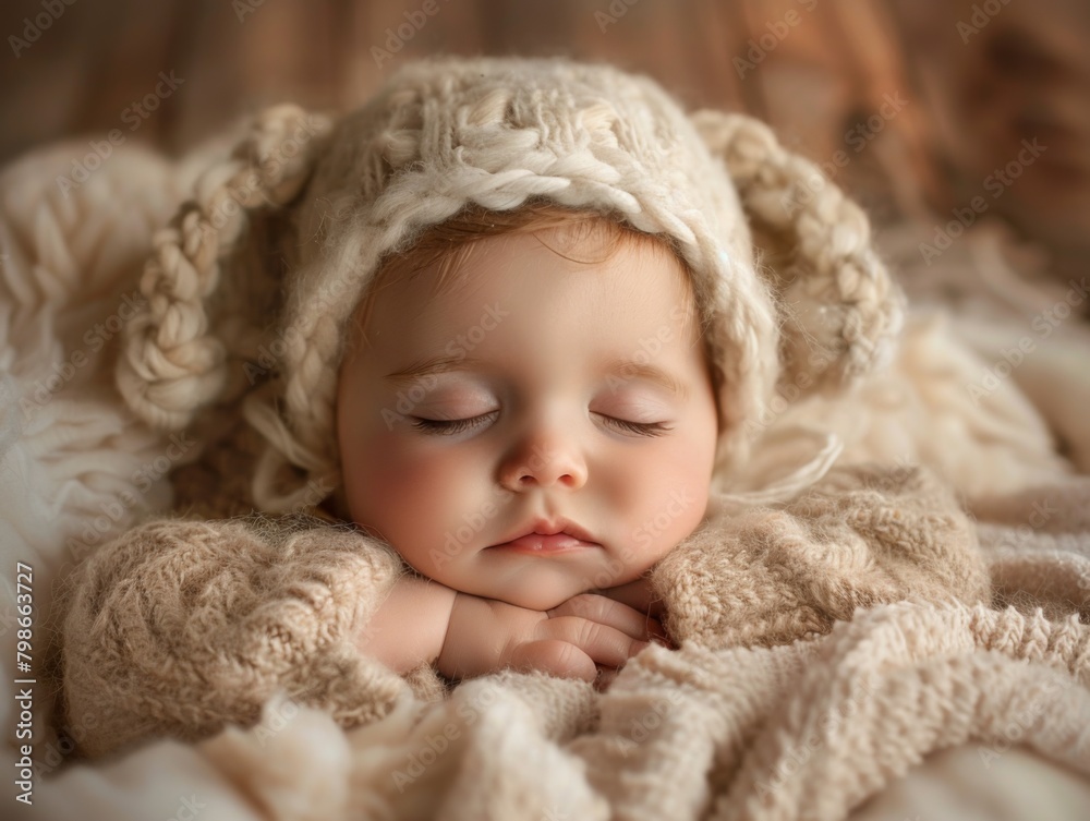 A serene baby sleeps soundly, enveloped in a cream knit hat and blanket, radiating innocence and peace A serene baby sleeps soundly, enveloped in a cream knit hat and blanket, radiating innocence and peace
