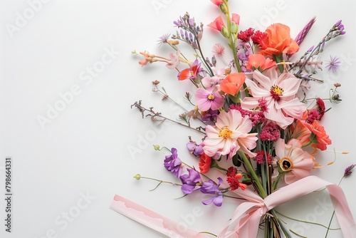 Colorful Bouquet with Ribbon on White Backdrop 