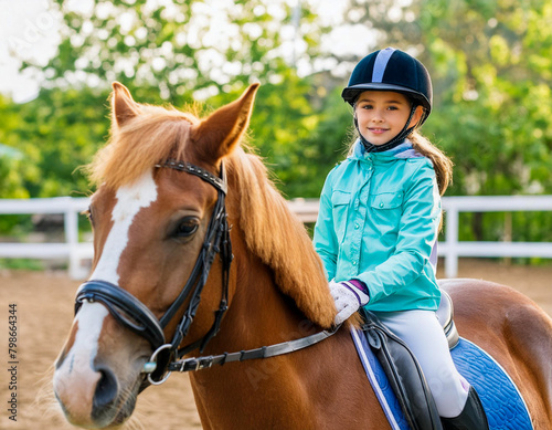 Happy girl kid at equitation lesson running riding brown horse wearing horseride helmet