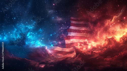 A breathtaking scene with the USA flag set against a cosmic tableau of stars and galaxies, blending the essence of national pride with cosmic wonder. photo