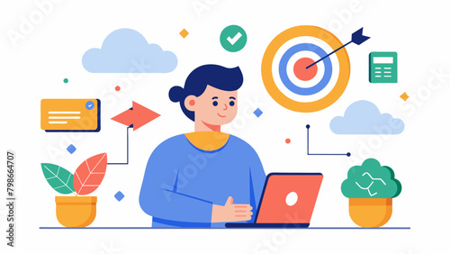 A person with exeive functioning difficulties finds success in setting and following through with goals with the guidance of their telethe through a. Vector illustration
