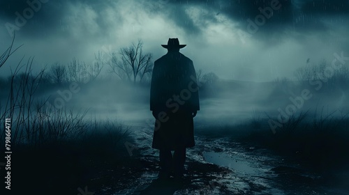 Mysterious silhouette of a man in a foggy night landscape