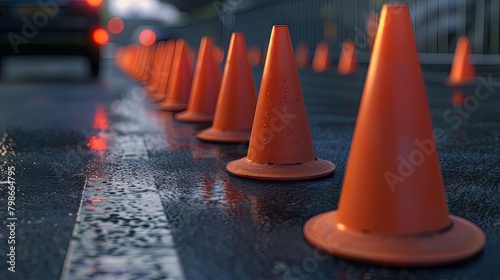 Orange traffic cones on a wet road at dusk