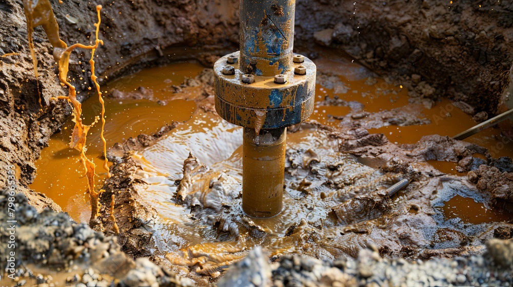 Industrial drilling rig in muddy excavation site Industrial drilling rig in muddy excavation site