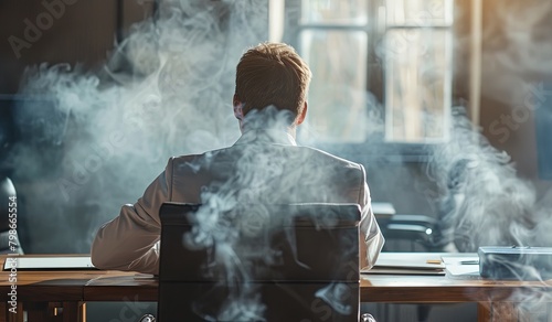 Businessman in thoughtful pose amidst office haze