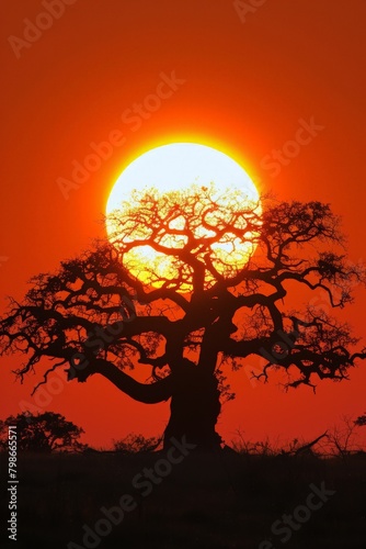 Sun Setting Behind Tree in Field