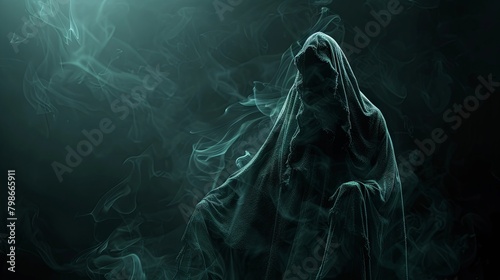 Mysterious figure shrouded in smoke on dark background