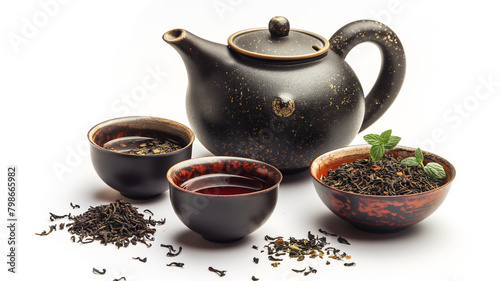 Traditional tea set with loose leaves, ready to infuse a soothing, aromatic beverage.