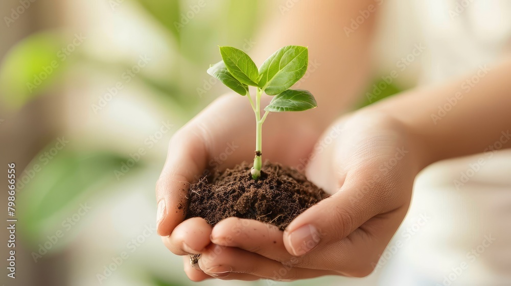 A woman's hand cradles a handful of earth with a fresh green sprout, Generative Ai A woman's hand cradles a handful of earth with a fresh green sprout, Generative Ai