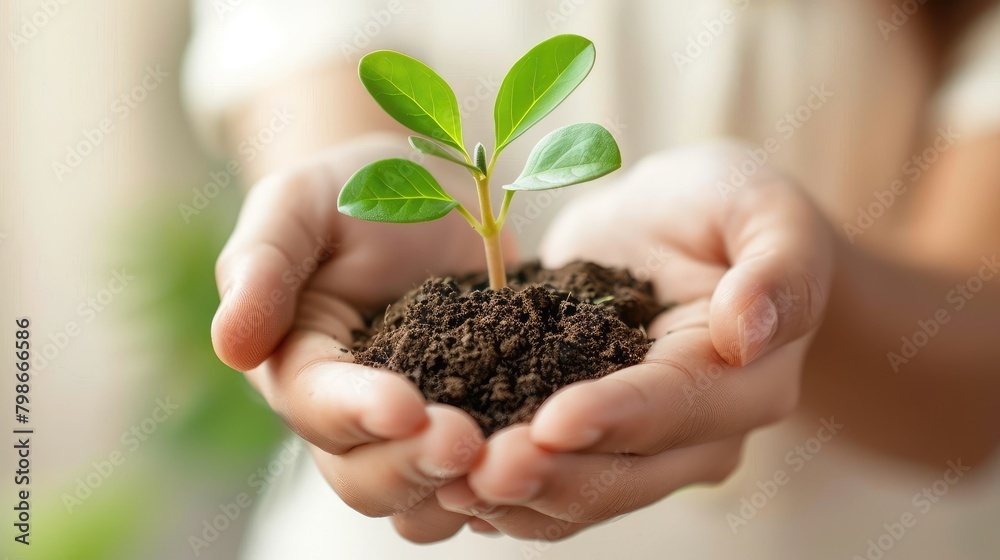 A woman's hand cradles a handful of earth with a fresh green sprout, Generative Ai A woman's hand cradles a handful of earth with a fresh green sprout, Generative Ai