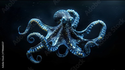 Majestic blue octopus swimming in the dark ocean depths