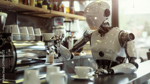 A coffee shop robot brews delicious hot coffee for customers to enjoy, Generated by AI