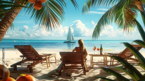 A woman is sitting on a beach chair with a drink in front of her photo