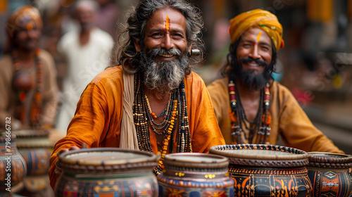 A senior Muslim man smiles joyfully at a festival, immersed in the tradition of drum music and face paint. Experience the happiness of indigenous cultures and lifestyle celebrations.