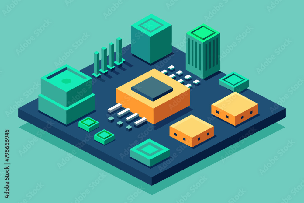 Isometric flat 3D vector illustration concept of smart city with microchip.