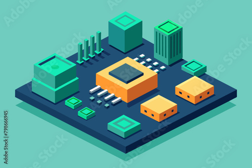 Isometric flat 3D vector illustration concept of smart city with microchip. © wannasak