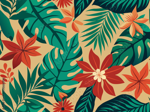 Seamless pattern with tropical leaves and flowers. Vector illustration. © wannasak