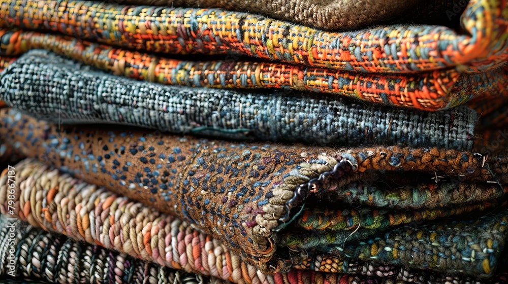 Textured fabric stacks showcasing vibrant patterns and colors