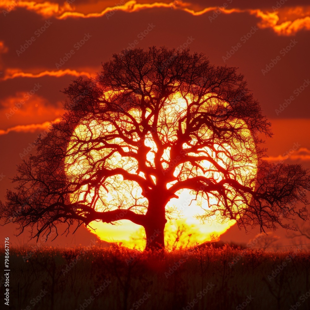 Fototapeta premium Sun Setting Behind Tree in Field