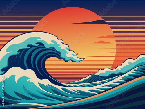 Sea wave in the sunset. Vector illustration of sea waves at sunset. © wannasak