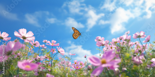 Meadow field with blossom pink Cosmos flowers and yellow butterflies against at sunny day with blue sky in summer  summer flower theme.