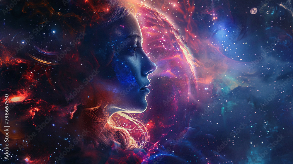 Open up your universe. Photo of young girl against the backdrop of outer space. Double exposure.