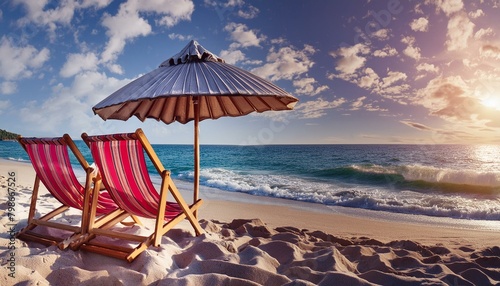 summer in the beach with umbrella and chairs