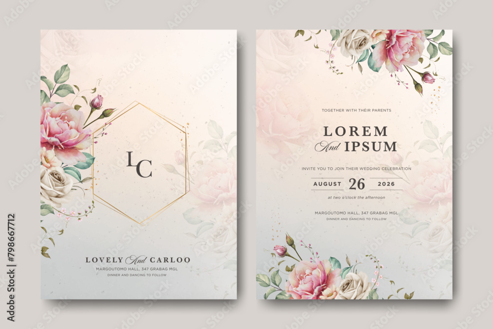 creamy wedding invitation card template with peonies flower design