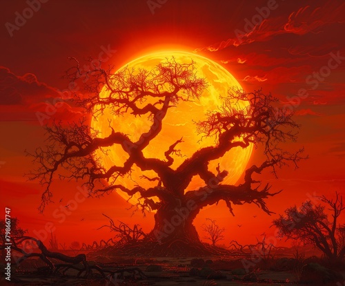 Tree Silhouetted Against Red Sun