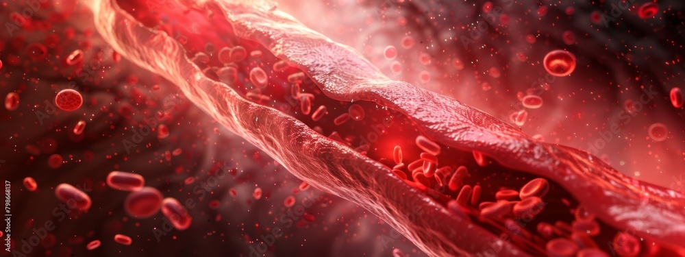 A cross-section of a human artery with flowing red blood cells and visible layers of tissue (realistic or artistic style). A cross-section of a human artery with flowing red blood cells and visible layers of tissue (realistic or artistic style).