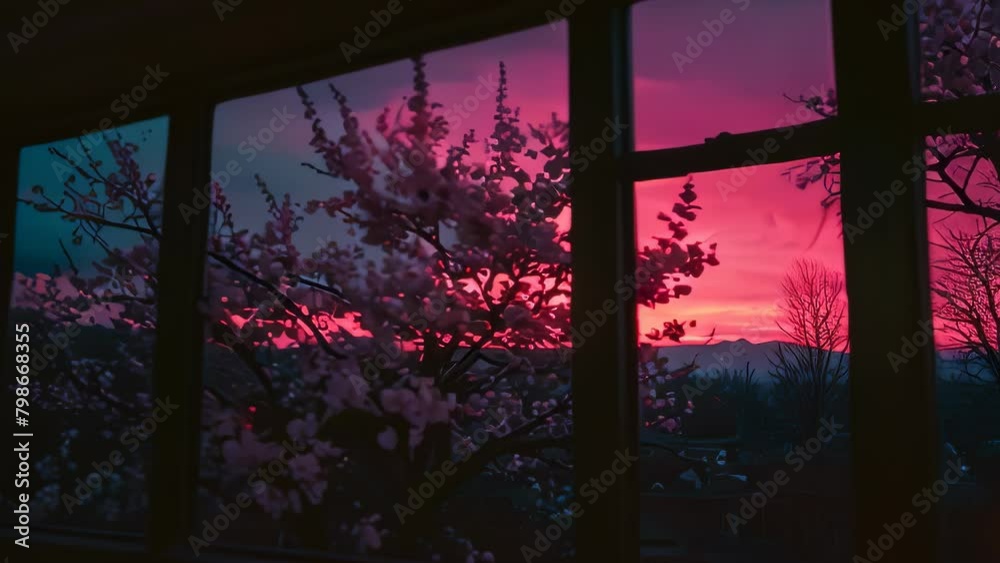 Video animation of serene view through a four-pane window. Beyond the window, the twilight sky paints hues of pink and purple, creating a mesmerizing backdrop.