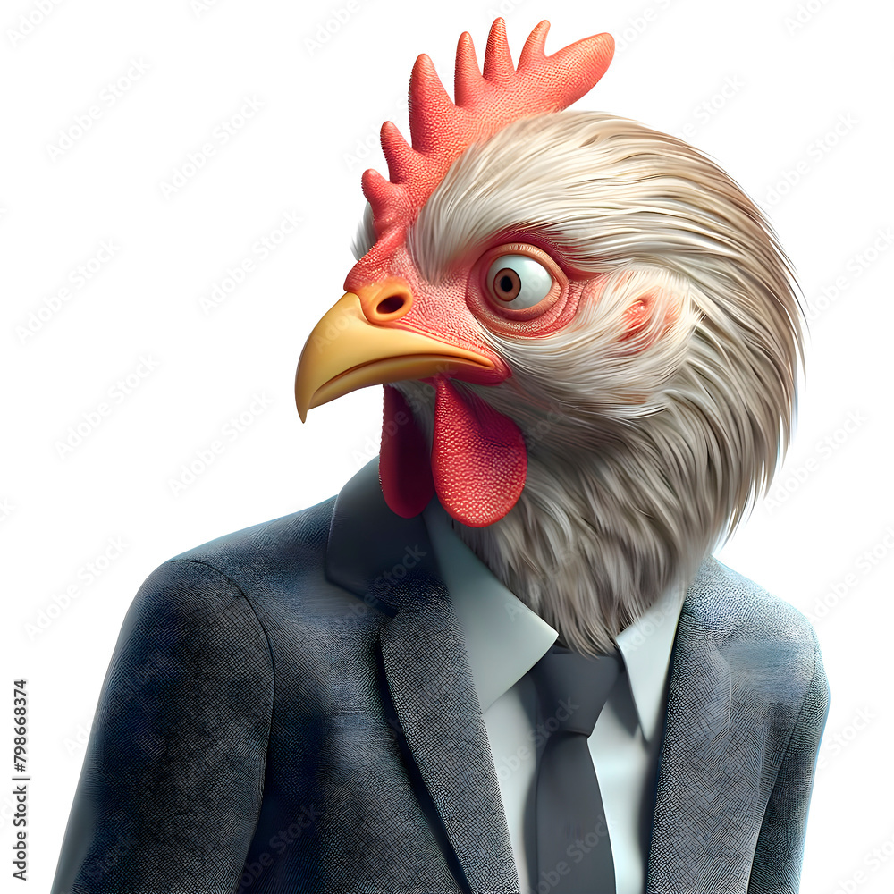 Creative animal concept. chicken character with wide eyes in gray suit and tie on white background