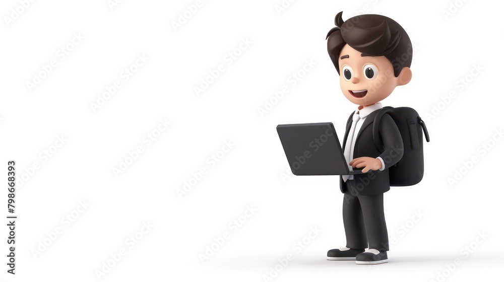 A 3D cartoon illustration of a happy man using a laptop, 3D illustration of a stylized male figure in casual business attire, working on a laptop. Generated AI A 3D cartoon illustration of a happy man using a laptop, 3D illustration of a stylized male figure in casual business attire, working on a laptop. Generated AI