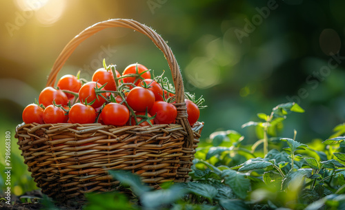 Fresh organic cherry tomatoes in basket in the garden