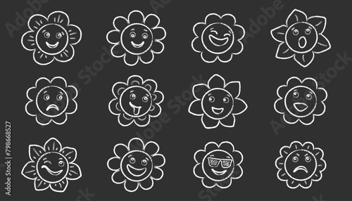 Set of hand drawn grunge charcoal  pencil  chalk groovy daisy smiley characters print isolated on black background. Chamomile vector scribble doodle illustration in hippie 60s  70s style